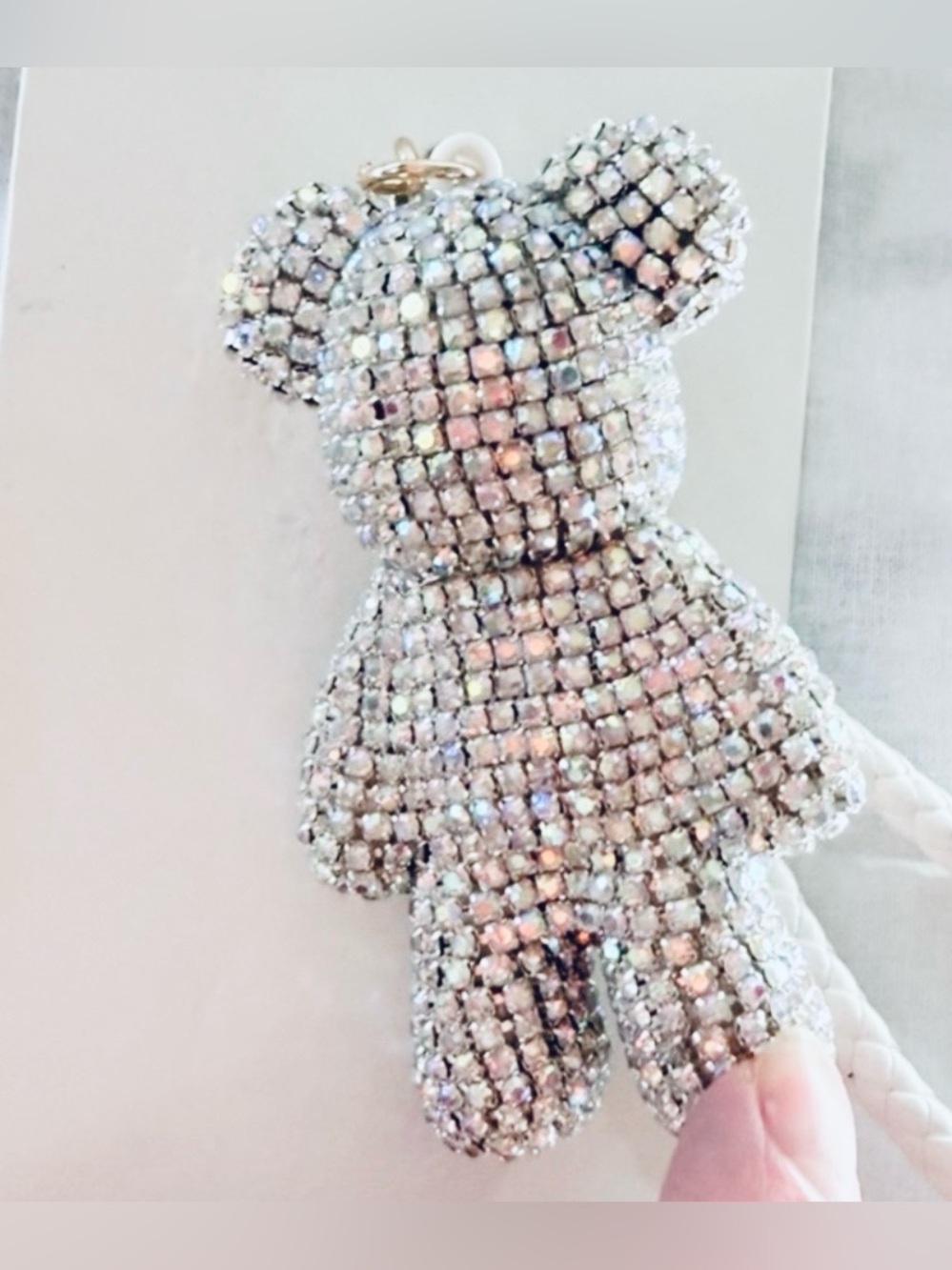 Natasha LARGE Iridescent Crystal Teddy Bear Bag Charm / Keychain / Wristlet, NIP - Picture 2 of 8